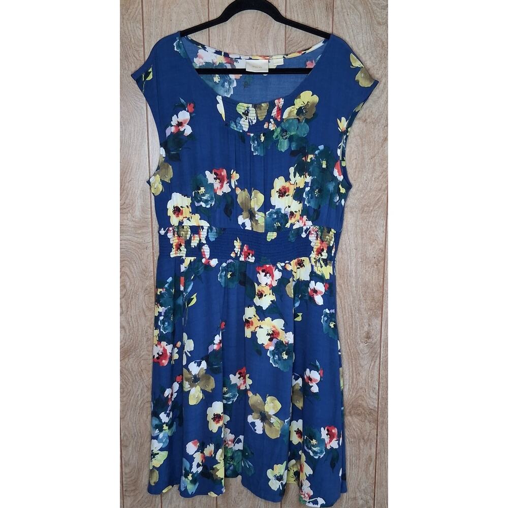 Ladies Maeve Evalina Smocked Waist Blue Floral Print Capped Sleeve Dress Size L